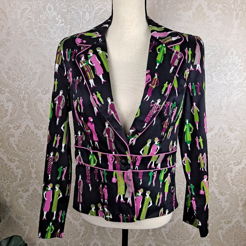 Russell Kemp Size 10 Blazer Ladies of the 1920's Print Black Green Pink 1 Button